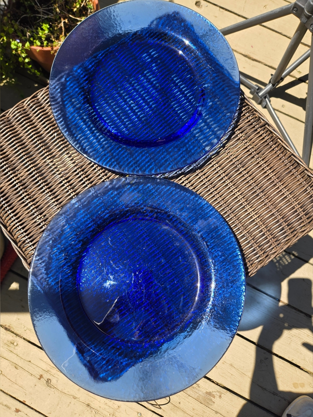 2- Made In Italy Cobalt Blue Glass 11" Plates Pebbled Texture Heavy Quality